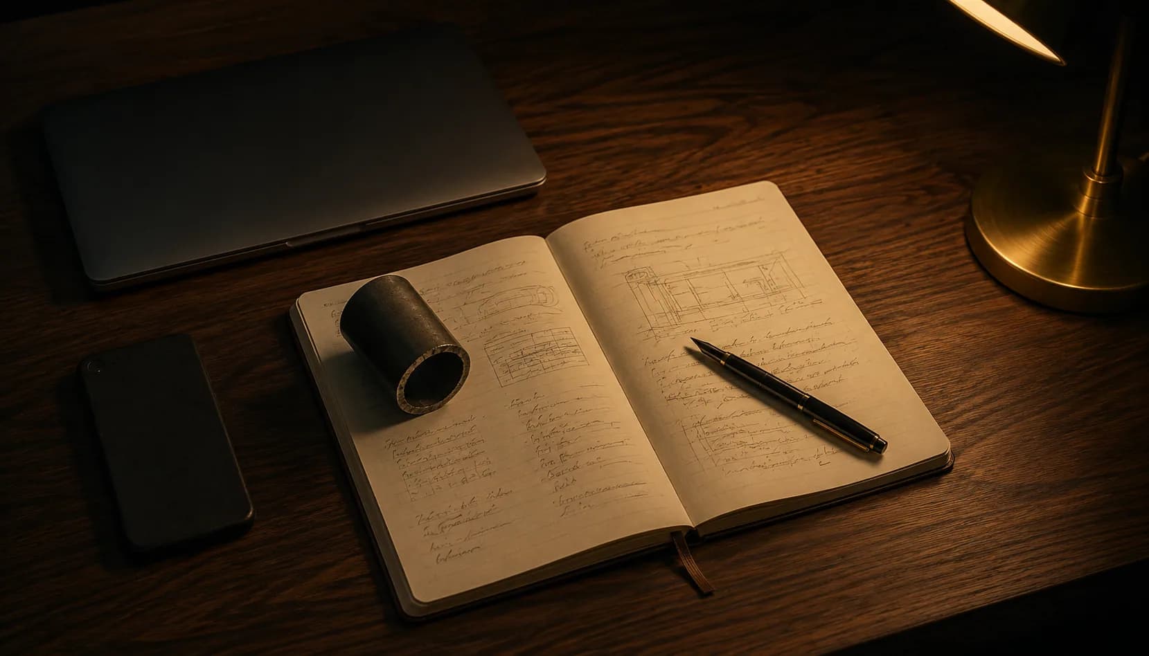 Desk with a notebook, phone and lamp