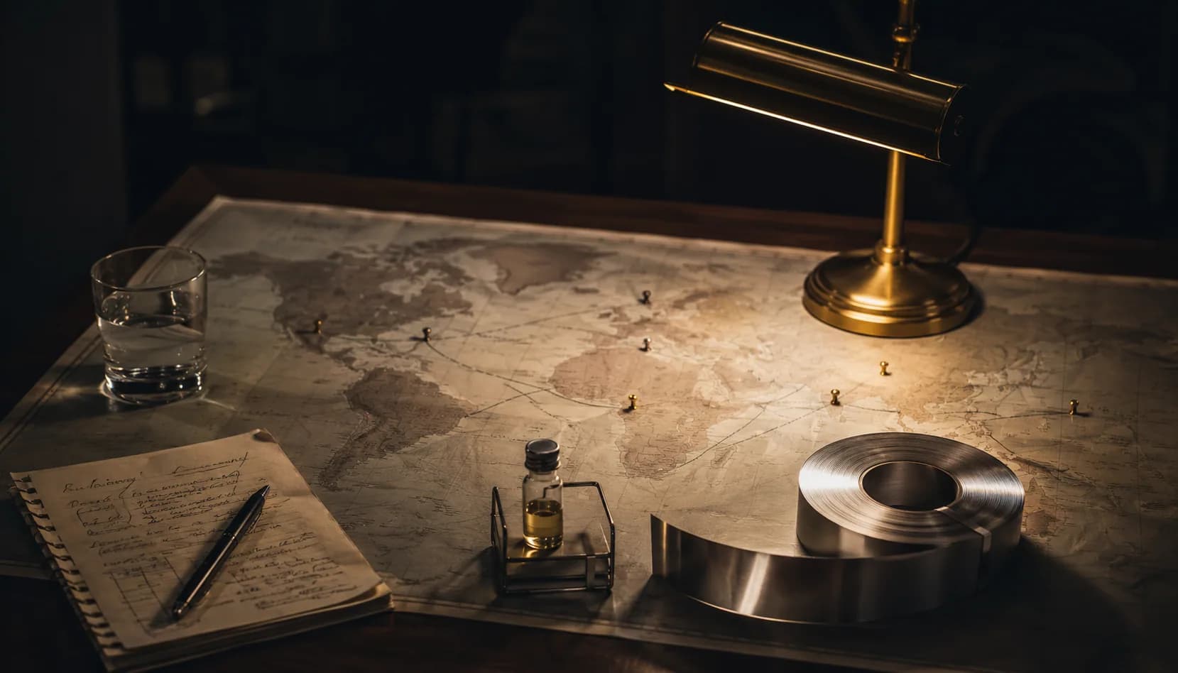 Desk with a world map and compass representing global sourcing