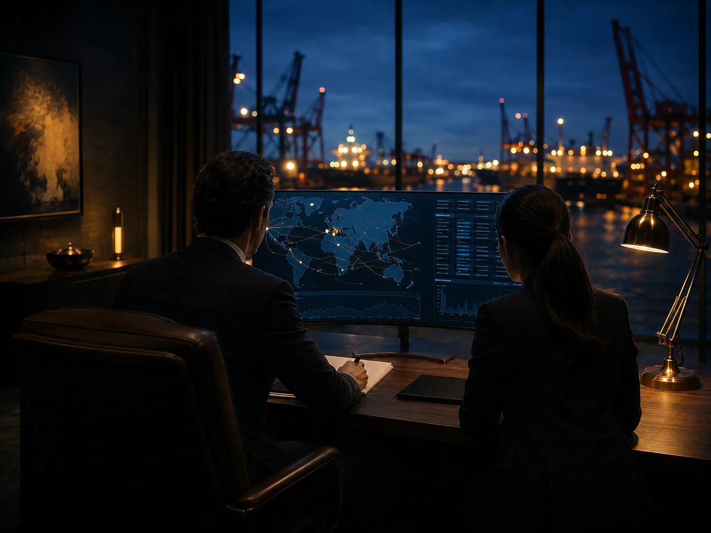 OLFA team reviewing operations against an industrial port backdrop